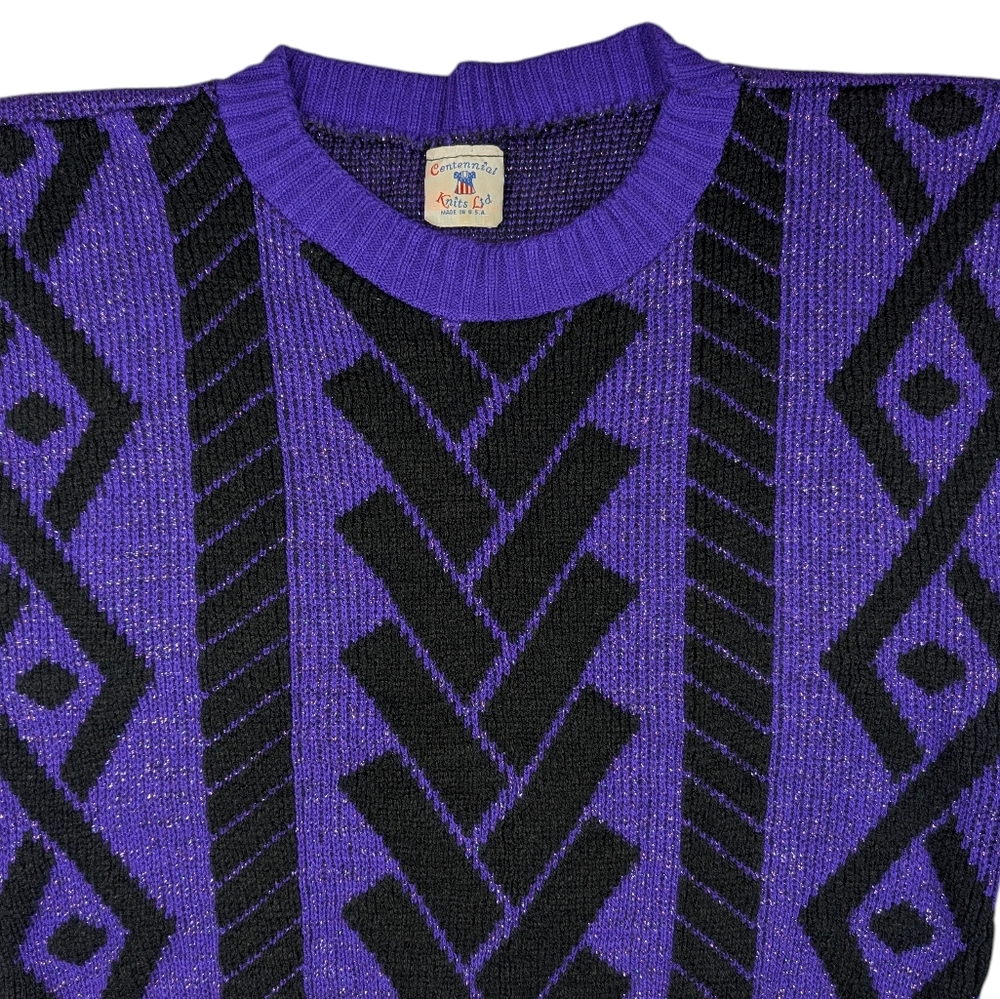 Vintage purple/metallic sweater W black geometric. Centennial Knits Ltd. Lg - Picture 9 of 14